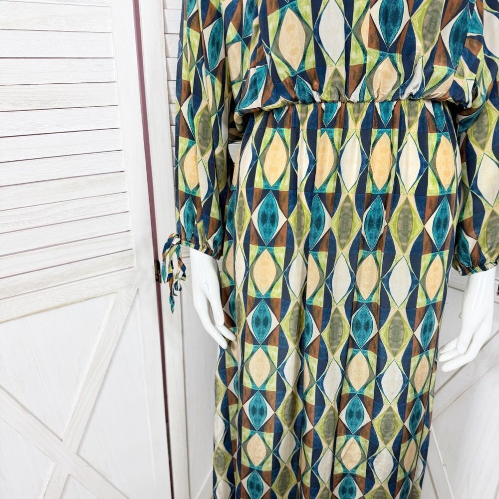 Zara Geometric Print Sateen Maxi Dress Green Blue Tan‎ Long Sleeve Small - Picture 7 of 13